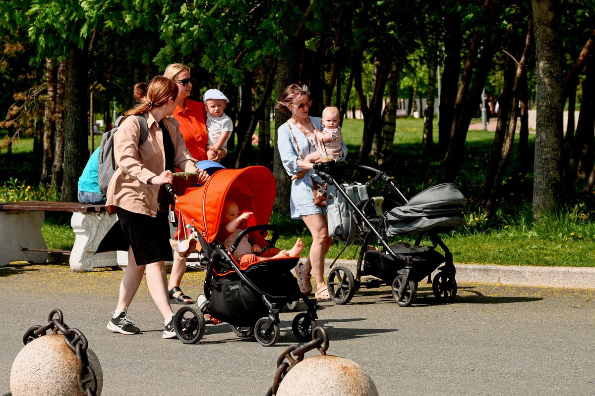 Женщины с детьми гуляют в парке Женщины с детьми гуляют в парке