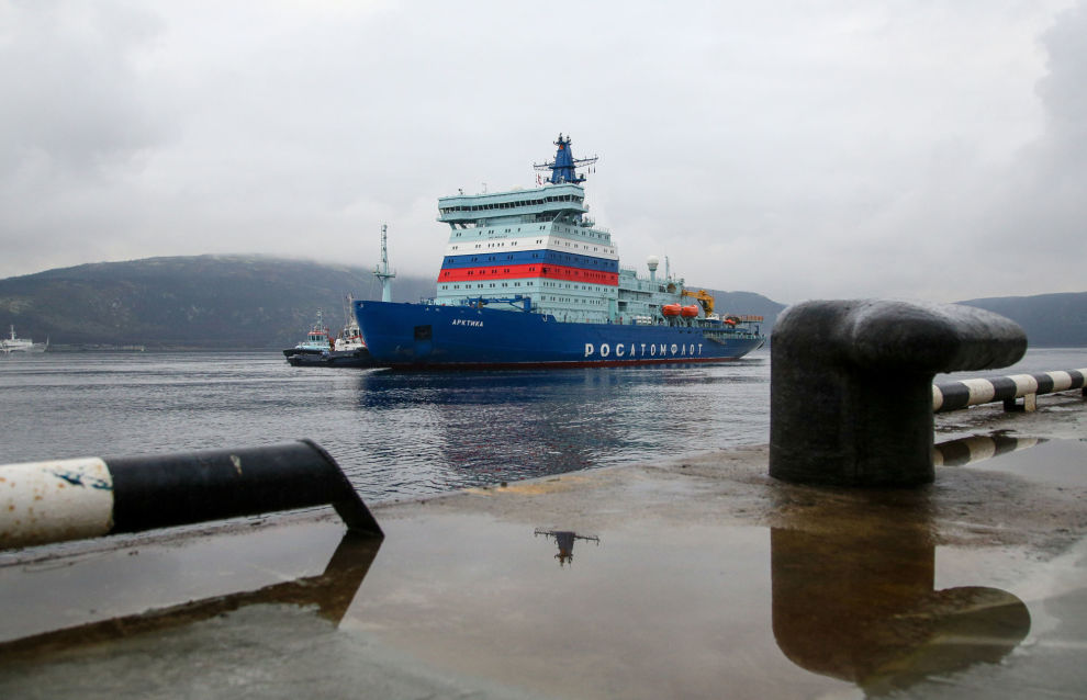 Russian Arktika nuclear-powered icebreaker arrives in the port of Murmansk after ice trials in the Arctic Ocean, in Murmansk, Russia. The ice-breaker left St. Petersburg on September 22 and made a 21 day journey of 4,800 nautical miles