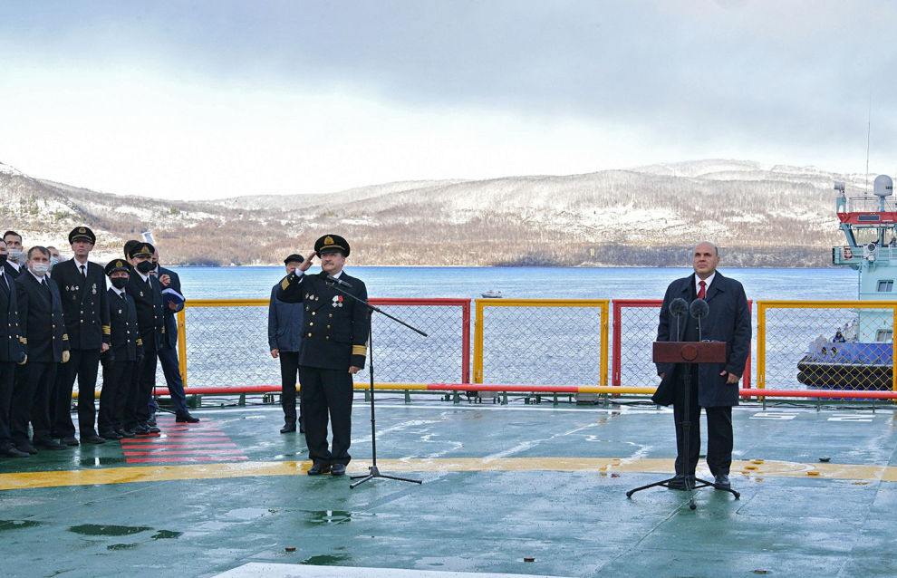 Russian Prime Minister Mikhail Mishustin and Arktika ship's captain Alexander Spirin attend a ceremony launching the Akrtika nuclear icebreaker in the northern city of Murmansk, Russia