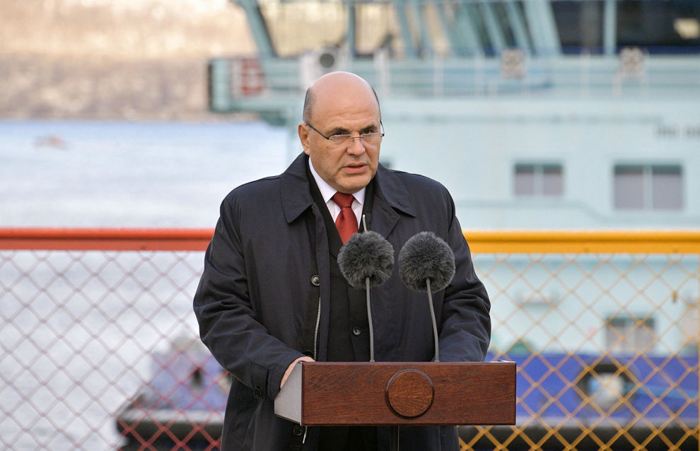 Russian Prime Minister Mikhail Mishustin delivers a speech during a ceremony launching the Akrtika nuclear icebreaker in the northern city of Murmansk, Russia