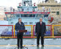 Russian Prime Minister Mikhail Mishustin and Alexey Likhachev, director general of the Russian state nuclear corporation Rosatom, attend a ceremony launching the Akrtika nuclear icebreaker in the northern city of Murmansk, Russia