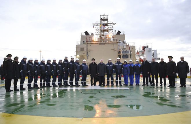 Vladimir Putin visits the new icebreaker Viktor Chernomyrdin at the Sea Facade passenger port in St. Petersburg