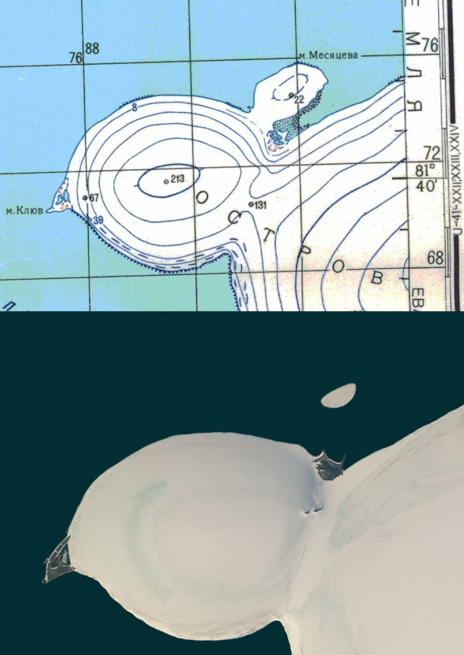 Cape Mesyatsev on a map and a current photo