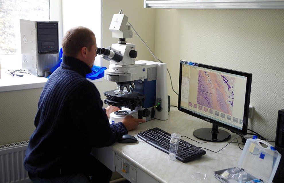 Working with a microscope at the Russian scientific center’s chemical laboratory on Spitsbergen (Svalbard)