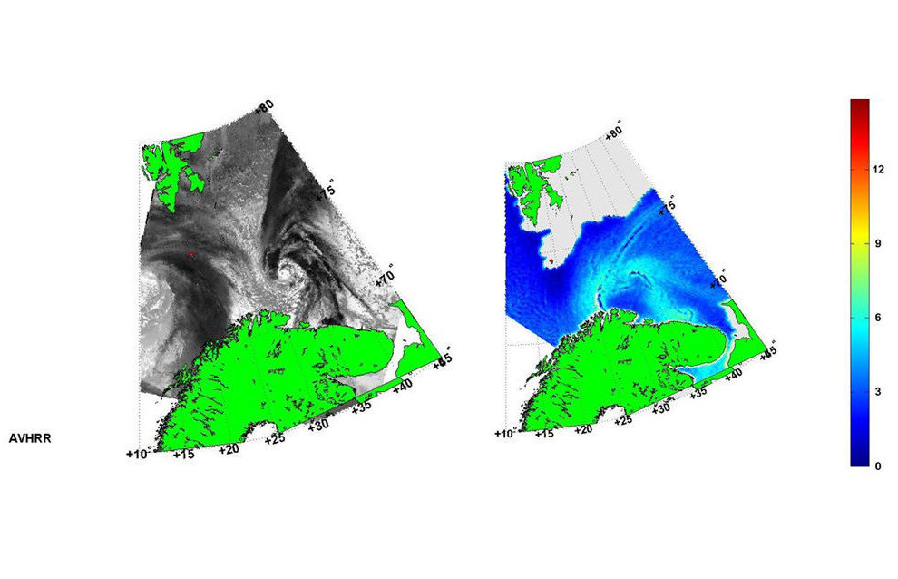 Detecting a polar cyclone using an unprocessed satellite image, left, and an integral humidity field