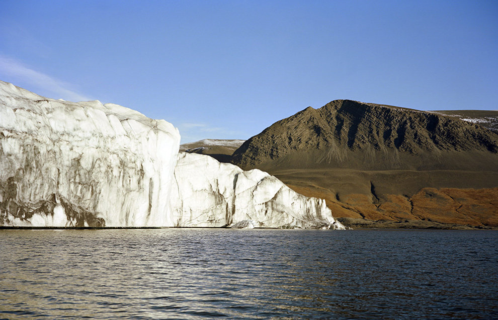 The western part of Hammer and Sickle Glacier shows all the color contrasts of Novaya Zemlya