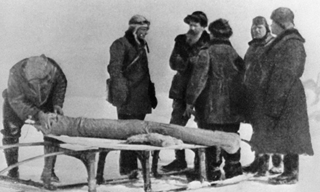 Sovier researcher Otto Shmidt and Soviet pilot Mikhail Vodopyanov talk with members of the North Pole-1 drifting station