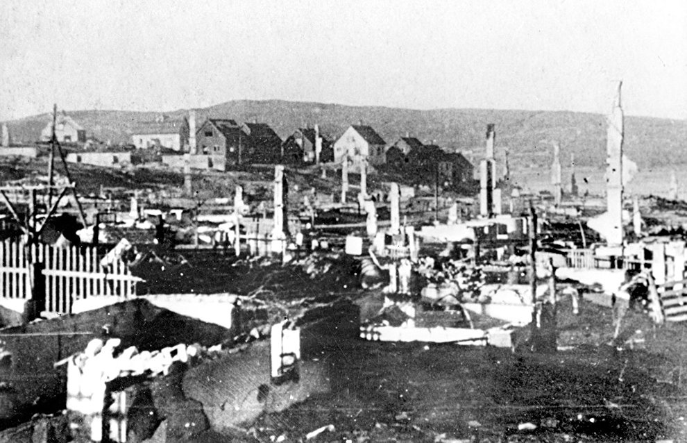 Quarters of Norwegian town of Kirkines destroyed by fascists during the World War II