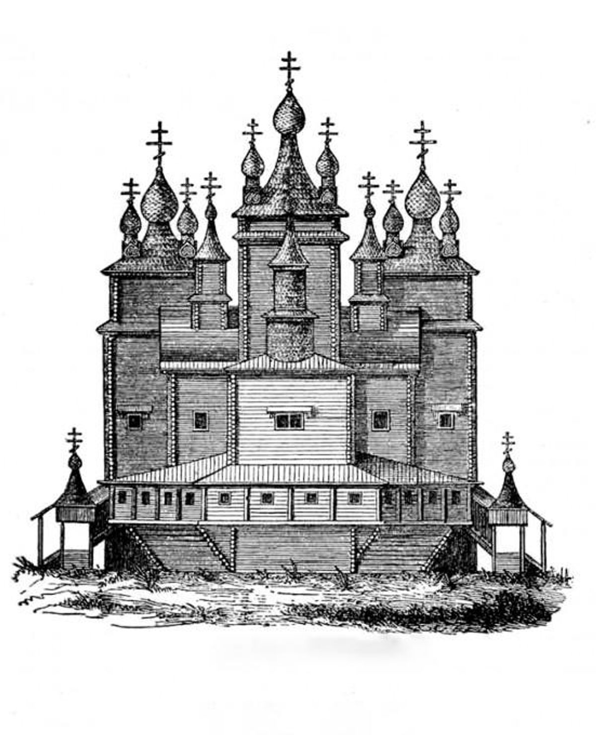 Воскресенский собор в Коле, построенный в 1684 году и сожжённый англичанами в 1854 году. Иллюстрация из отчётов Императорской археологической комиссии. Вып. 41. Санкт-Петербург, 1911 год