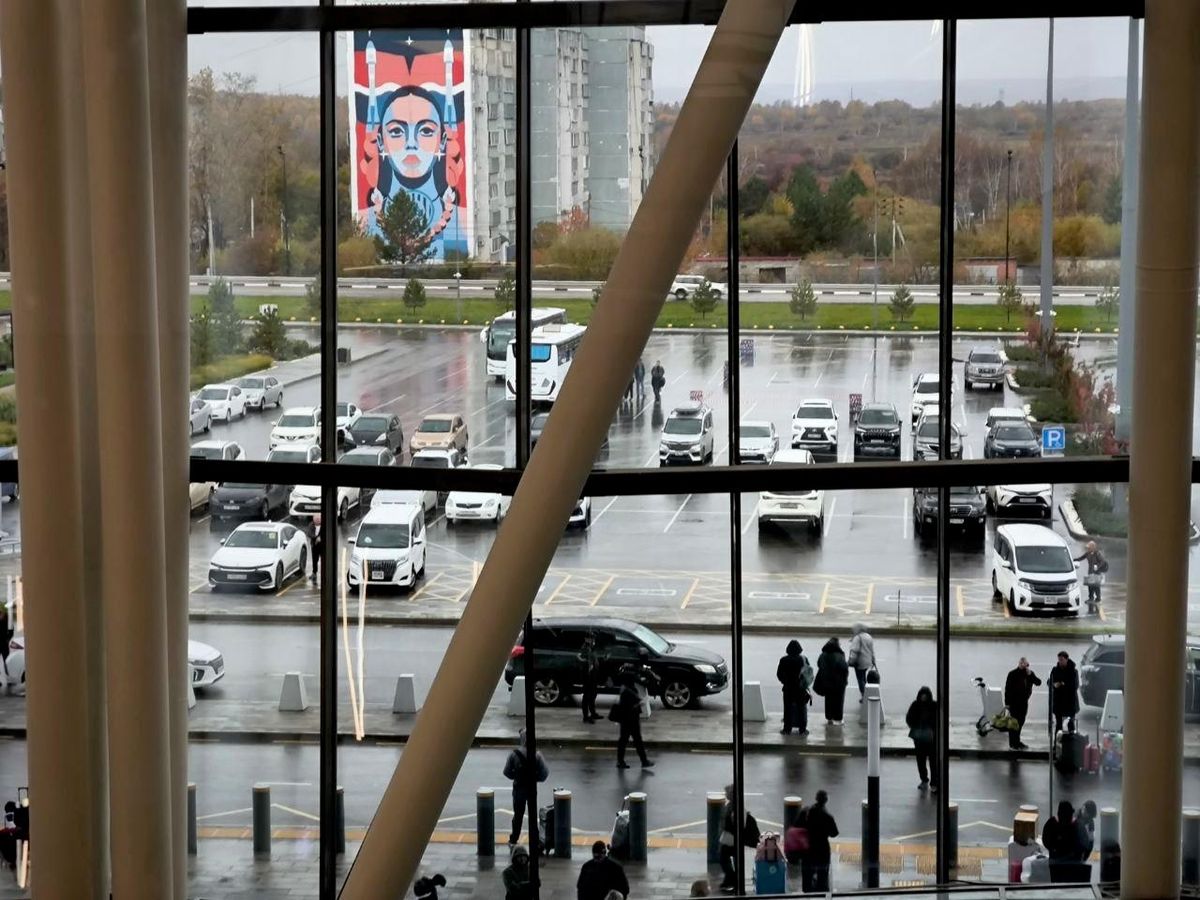Вид из терминала аэропорта имени Николая Муравьёва-Амурского на картину Павла Ореза